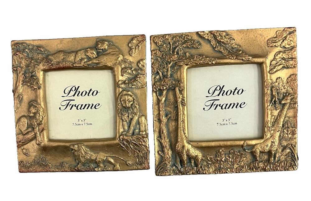 Pair gold monkey Giraffe jungle square picture photo frame 5.5” Nature Zoo